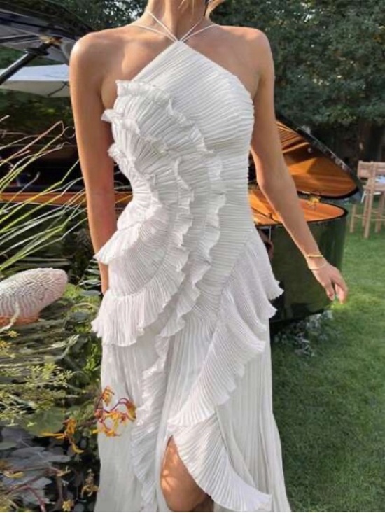SHEIN Dresses & Skirts - Women White Halter Pleated Ruffle Maxi Dress